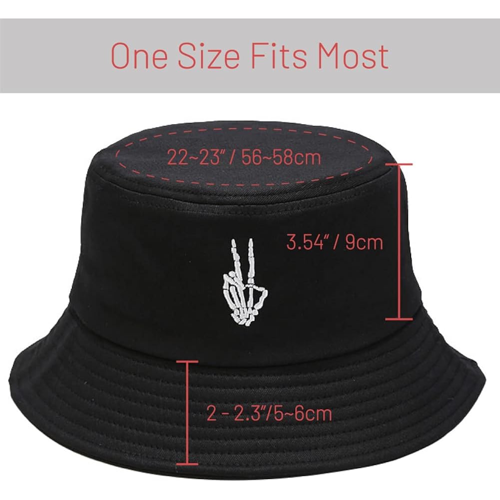 Cotton Bucket Hat for Women Men Summer Travel Sun Beach Bucket Cap, Unisex Outdoor Fisherman Hat Skeleton Fingers Black