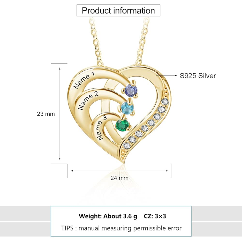 Jeweidea Personalized Sterling Silver Heart Necklace with Simulated Birthstones Custom Name Mother Daughter Promise Pendant for Women Mom Her