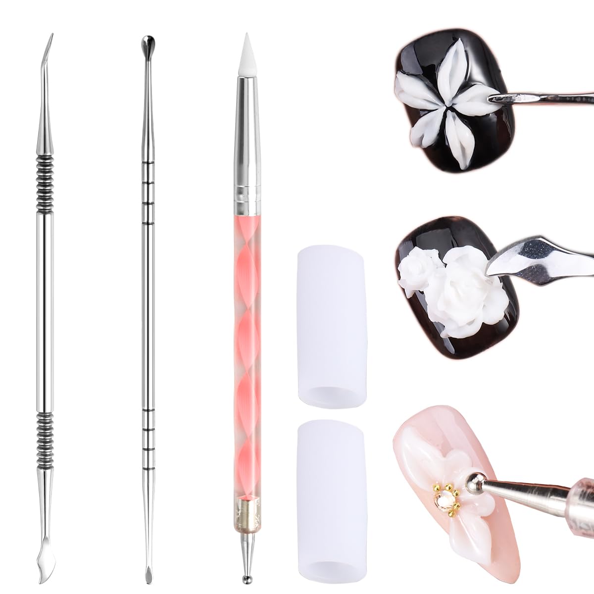 Fcozpjk Nail Art Sculpture Pen, 3PCS Double-head Stainless Steel 3D Gel Art Sculpting Pens Dotting Tools Acrylic Powder Flower Design Carving Modeling for Builder Gel Chrome Powder Applicator Manicure