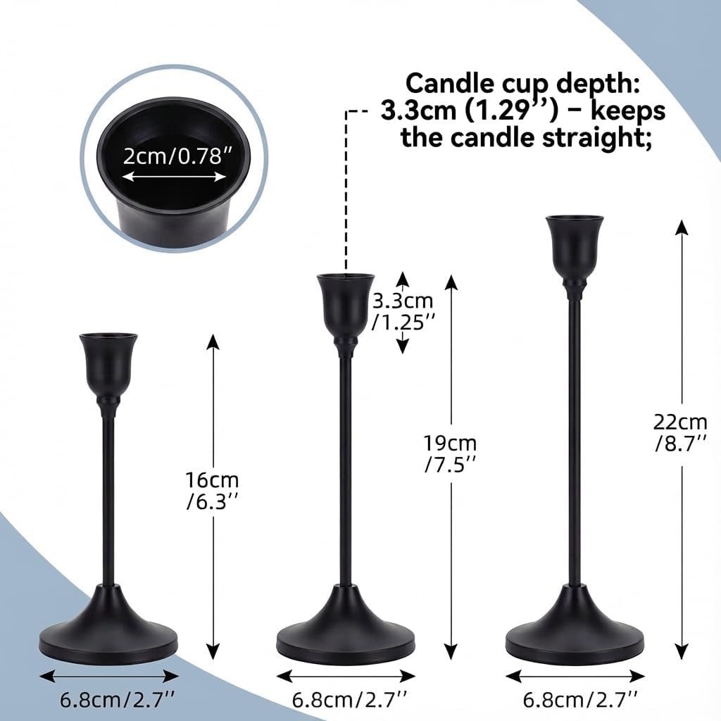 Black Taper Candle Holders Set of 3, Metal Vintage Candlestick Stands for Dining Table Centerpiece, Wedding Decor, Fireplace Mantel, Housewarming Gift