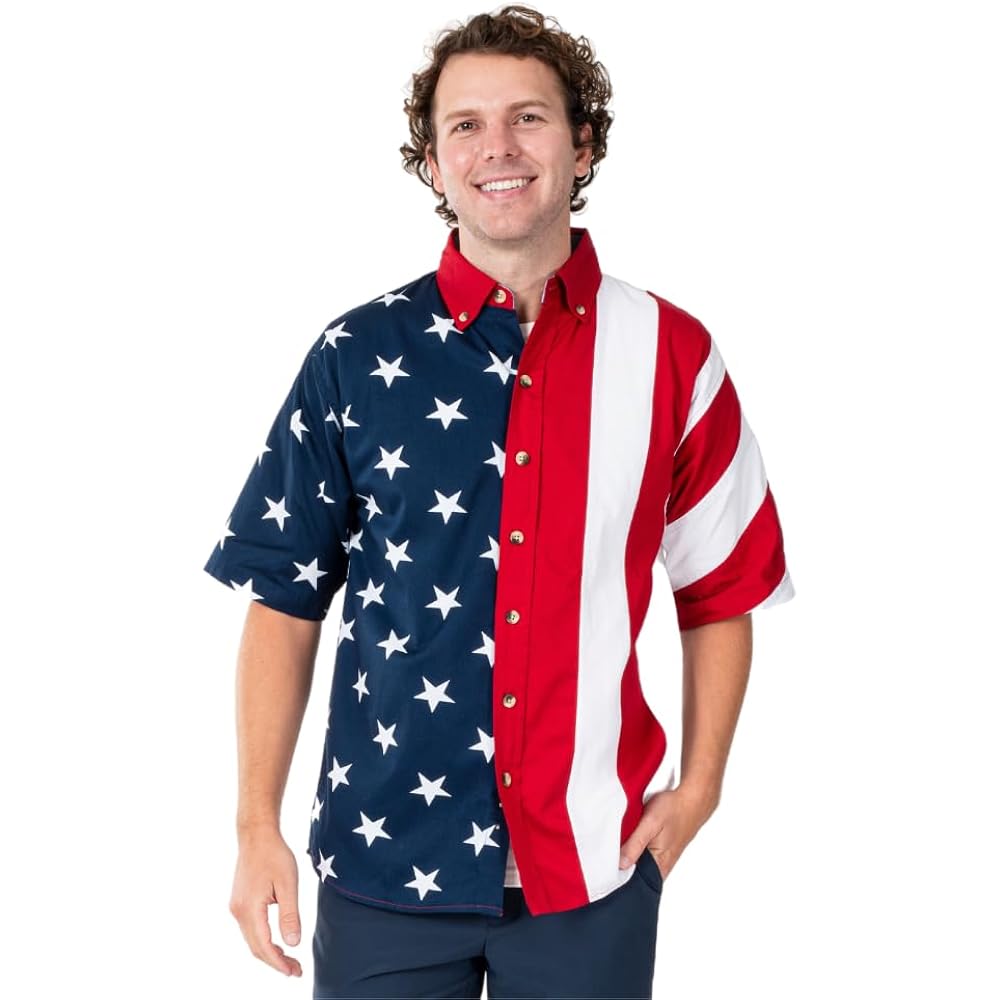 Flagshirt Men'S Half Stars Half Stripes American Flag Shirt - Button-Up, Red, White & Blue