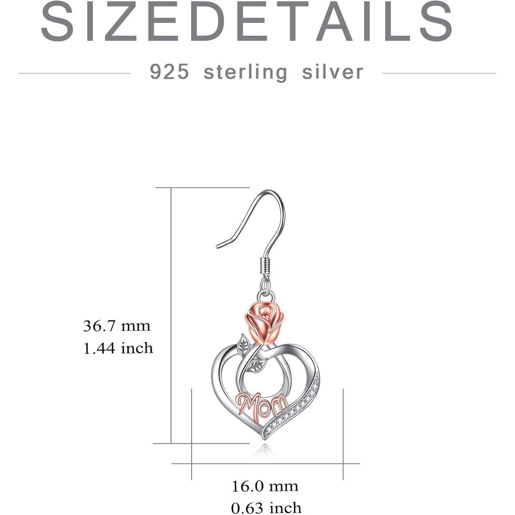 Mothers Day Gifts for Mom Mom Earrings with Rose Flower Love Heart 925 Sterling Silver Crystal Dangle Drop Hook Earrings Jewelry