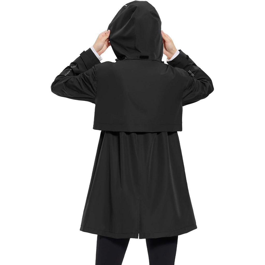 Baleaf Women'S Long Rain Coat Lightweight Packable Rain Jacket With Hood | Waterproof Windbreaker Rain Coat Adjustable Waist, Rain Jacket Women With 2 Deep Secure Zip Pockets
