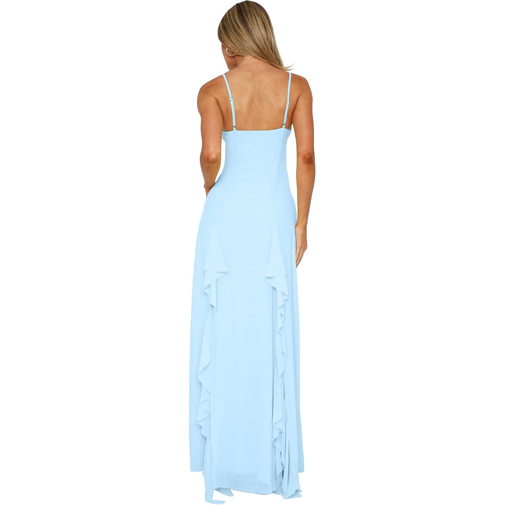 Boriflors Women'S Sexy V Neck Spaghetti Strap Vacation Maxi Dress High Slit Cocktail Wedding Guest Long Formal Dresses