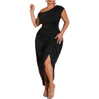 Floerns Women'S Plus Size Asymmetrical Neck Long Dress Ruched Slit Hem Cocktail Dress