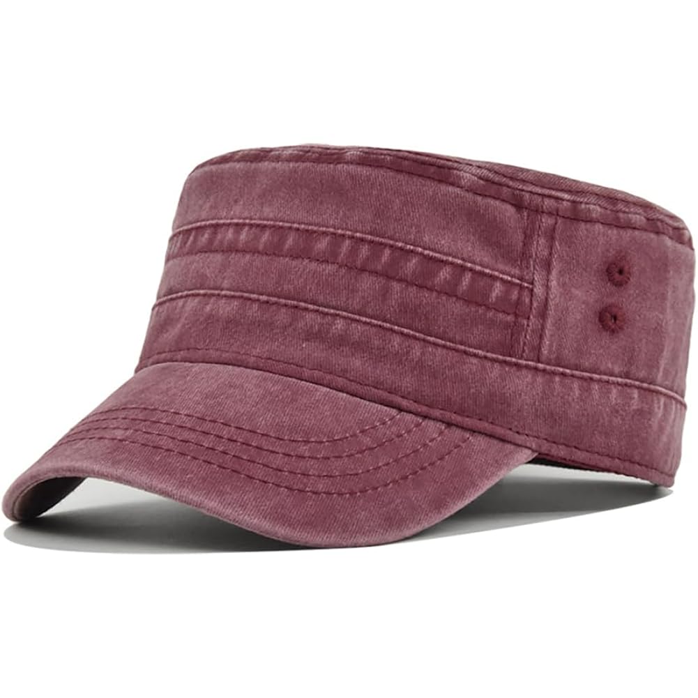 Unisex Cadet Army Cap Vintage Washed Cotton Military Hat Adjustable Flat Top Baseball Cap Wine Red