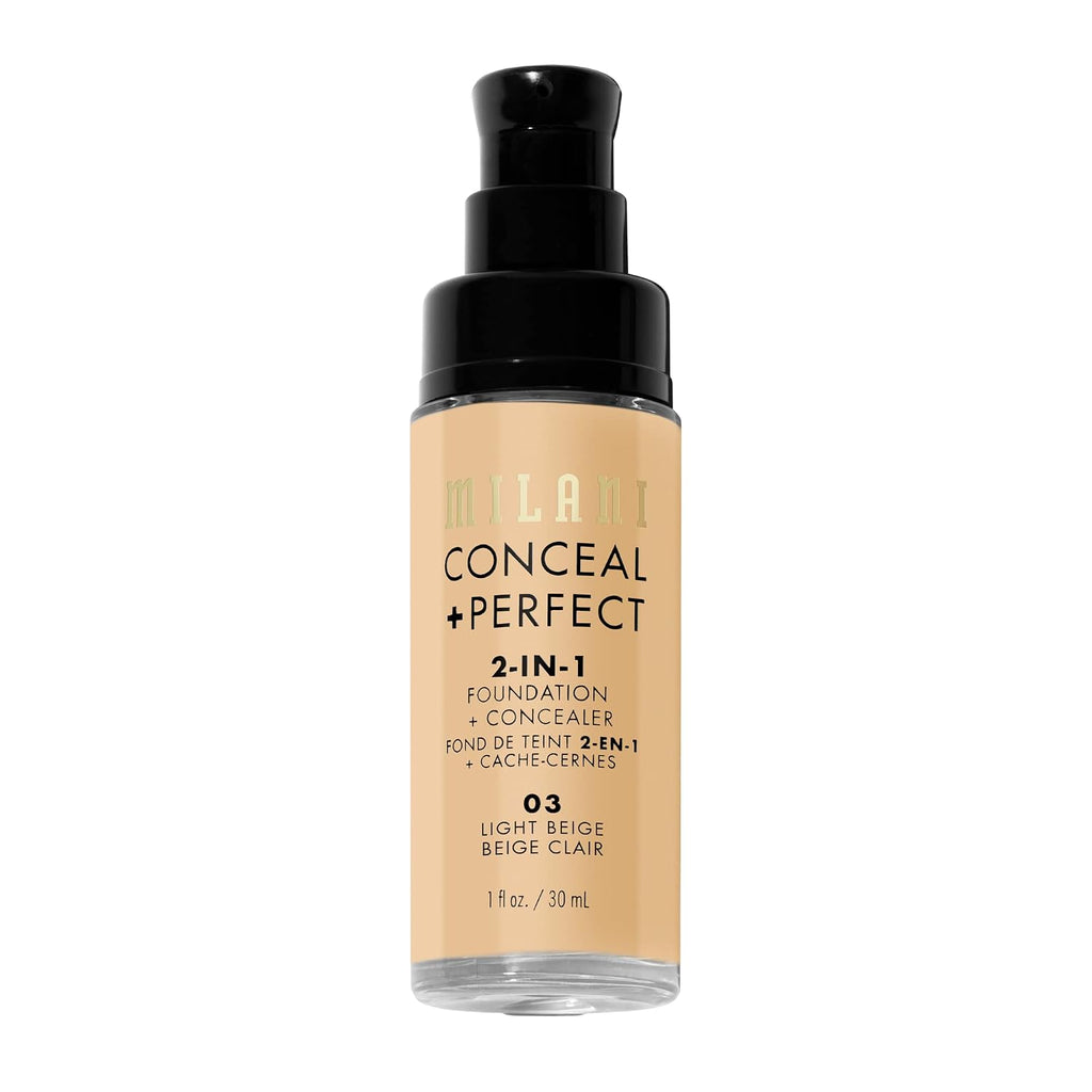 Milani Conceal + Perfect 2-In-1 Foundation + Concealer For A Flawless Complexion, Under Eye Corrector, Cover Redness And Imperfections, Waterproof And Sweatproof - 03-Light Beige