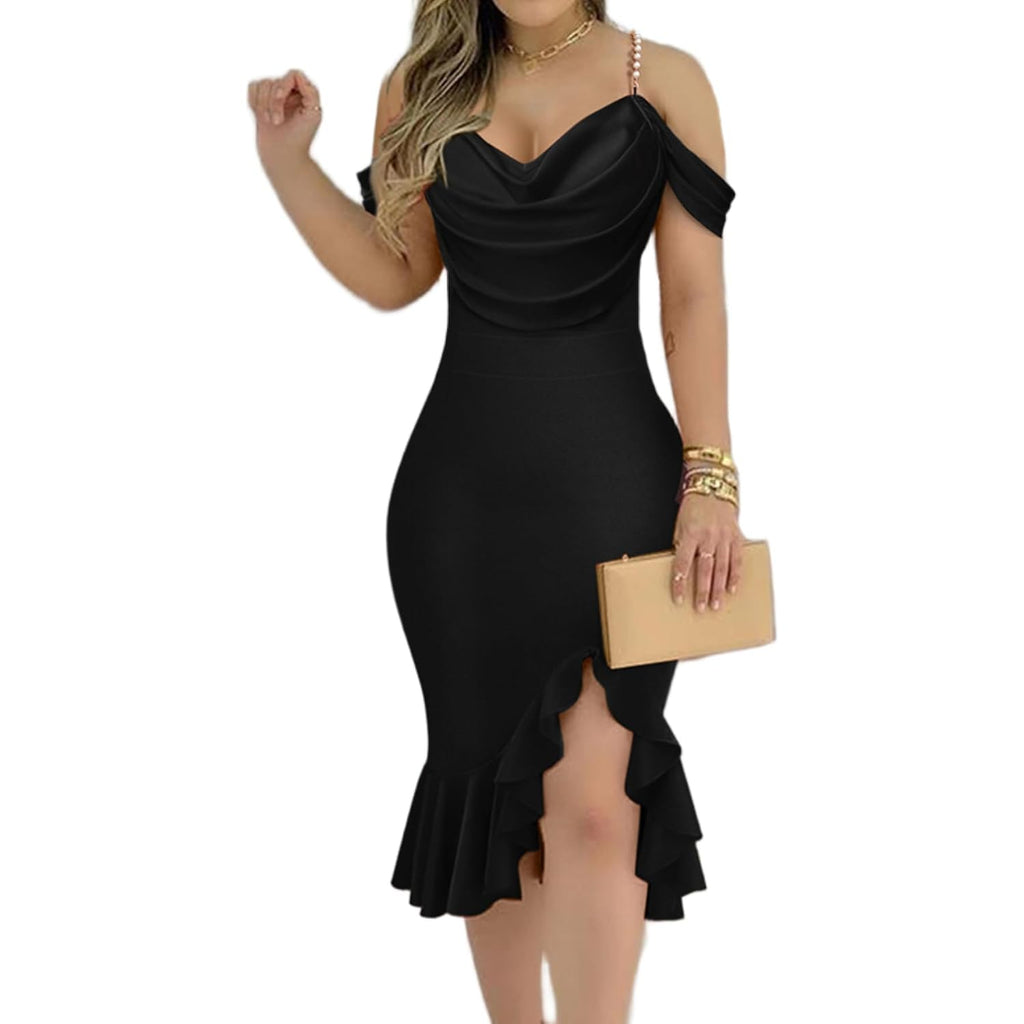 Chicme Womens Sexy Bodycon Party Dress Off The Shoulder Pearls Strap Midi Dress Ruffle Hem Cocktail Dresses