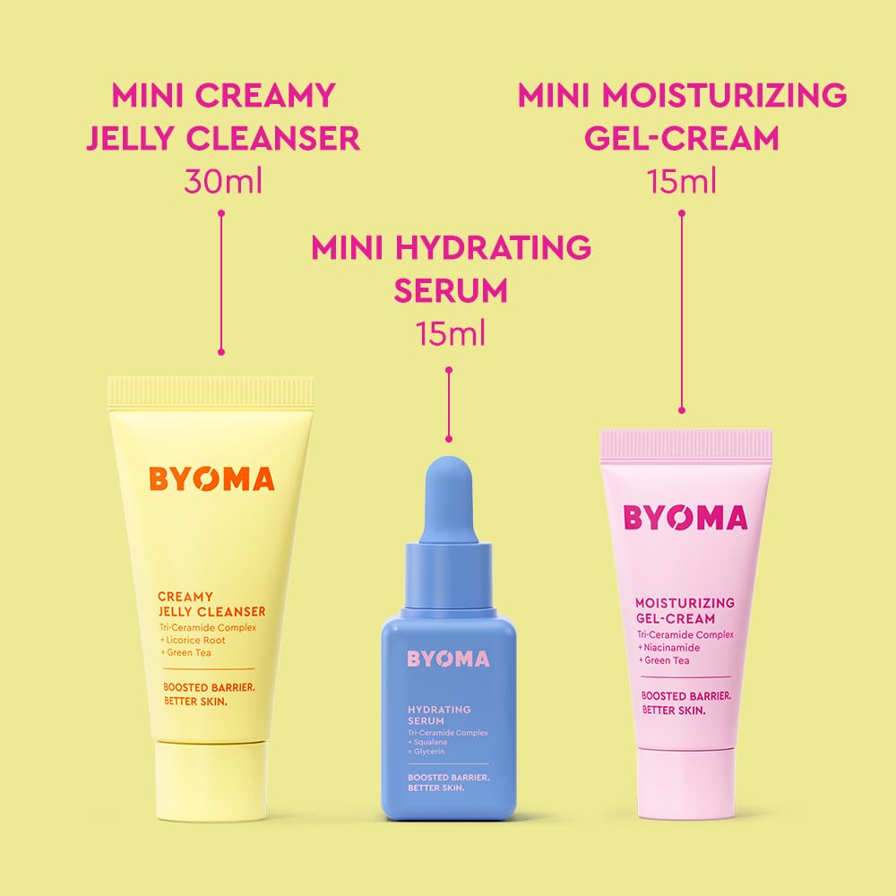 Byoma So Hydrating Set - Barrier Repair Skincare Set - Creamy Jelly Cleanser, Hydrating Face Serum & Ceramide Face Moisturizer For Dry Skin - Anti Wrinkle, Alcohol Free Skin Care - 30Ml, 15Ml, 15Ml