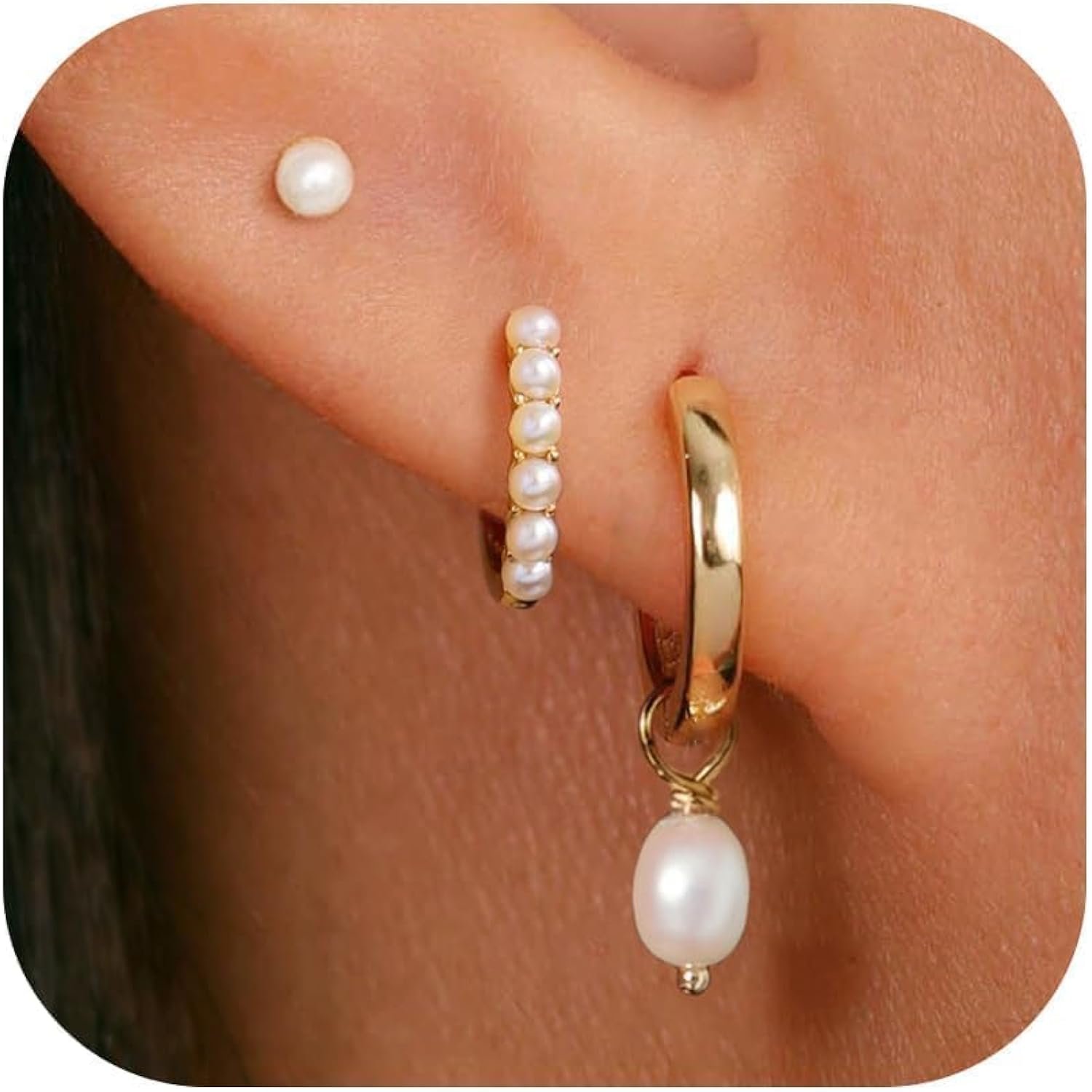 3 Pairs Small Hoop Earring Stacks, 14K Gold/Silver/Black/Rose Gold Plated Pearl Heart Butterfly Bow Star Moon Leaf Diamond Hoop Charm Drop Huggie Earrings Trendy Jewelry Gift for Women