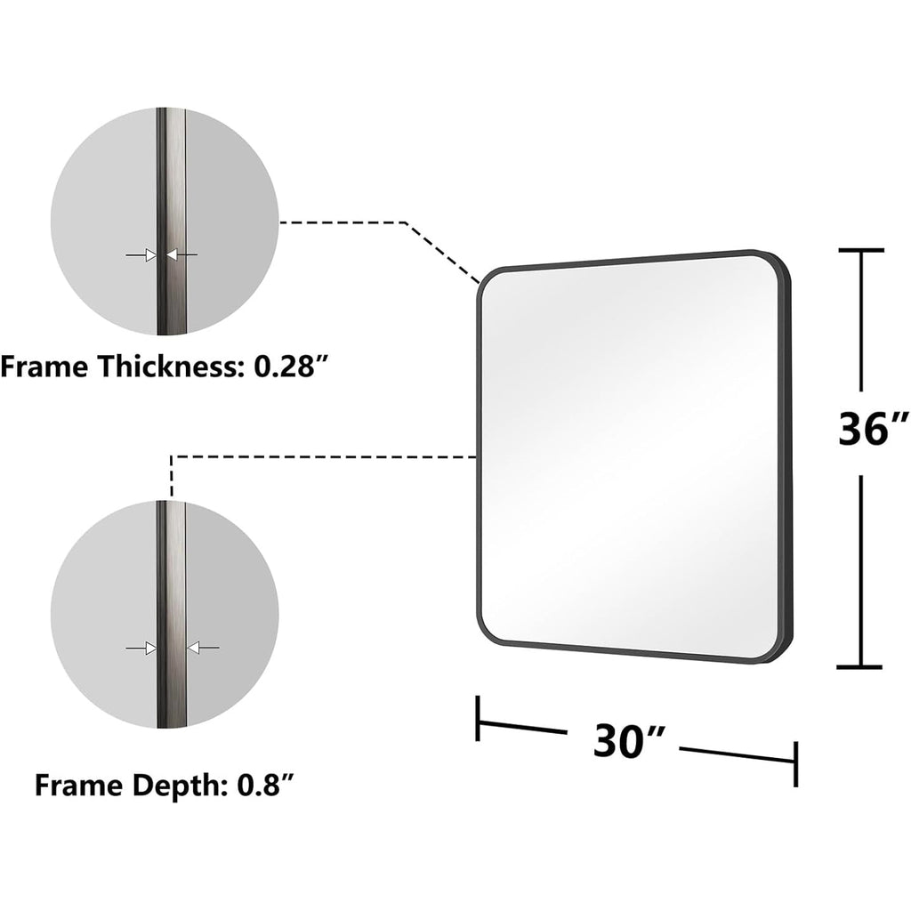 Koonmi Bathroom Mirror, 30X36 Inch Black Metal Framed Mirror For Bathroom, Tempered Glass, Anti-Rust, Rounded Rectangle Mirror For Restroom, Bedroom, Black