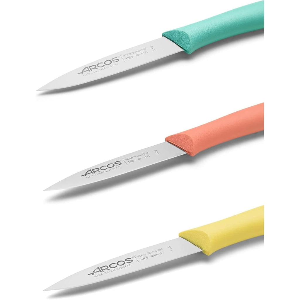 Arcos Paring Knife Set of 3 Pieces 4 Inch Stainless Steel. Colorful Kitchen Knives for Peeling Fruits and Vegetables. Ergonomic Polypropylene Handle. Series Nova. Color Orange, Yellow and Blue.