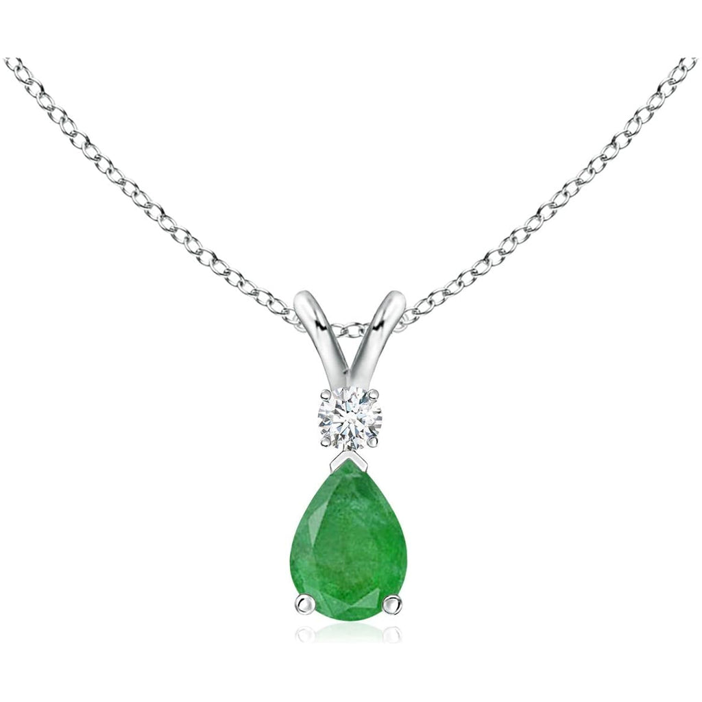 Angara Emerald Teardrop Necklace with Diamond in Silver/14K Solid Gold/Platinum | Natural Prong-Set Emerald V-Bale Pendant With 18" Chain for Women | July Birthday Gemstone Jewelry Gift