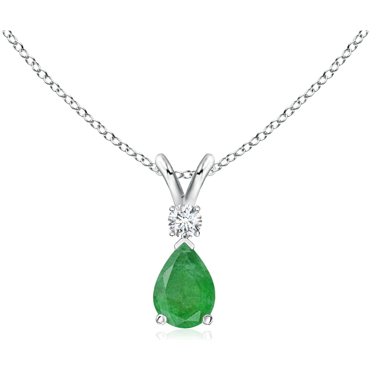 Angara Emerald Teardrop Necklace with Diamond in Silver/14K Solid Gold/Platinum | Natural Prong-Set Emerald V-Bale Pendant With 18" Chain for Women | July Birthday Gemstone Jewelry Gift