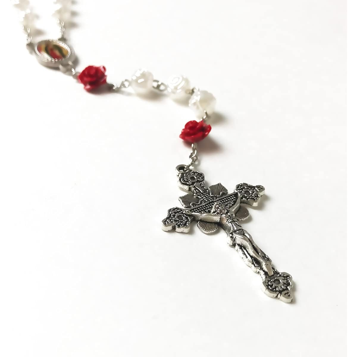 Our Lady of Guadalupe Pearly Rose Rosary Beads Catholic for Women - Catholic Gifts - Rosary Necklace for Women