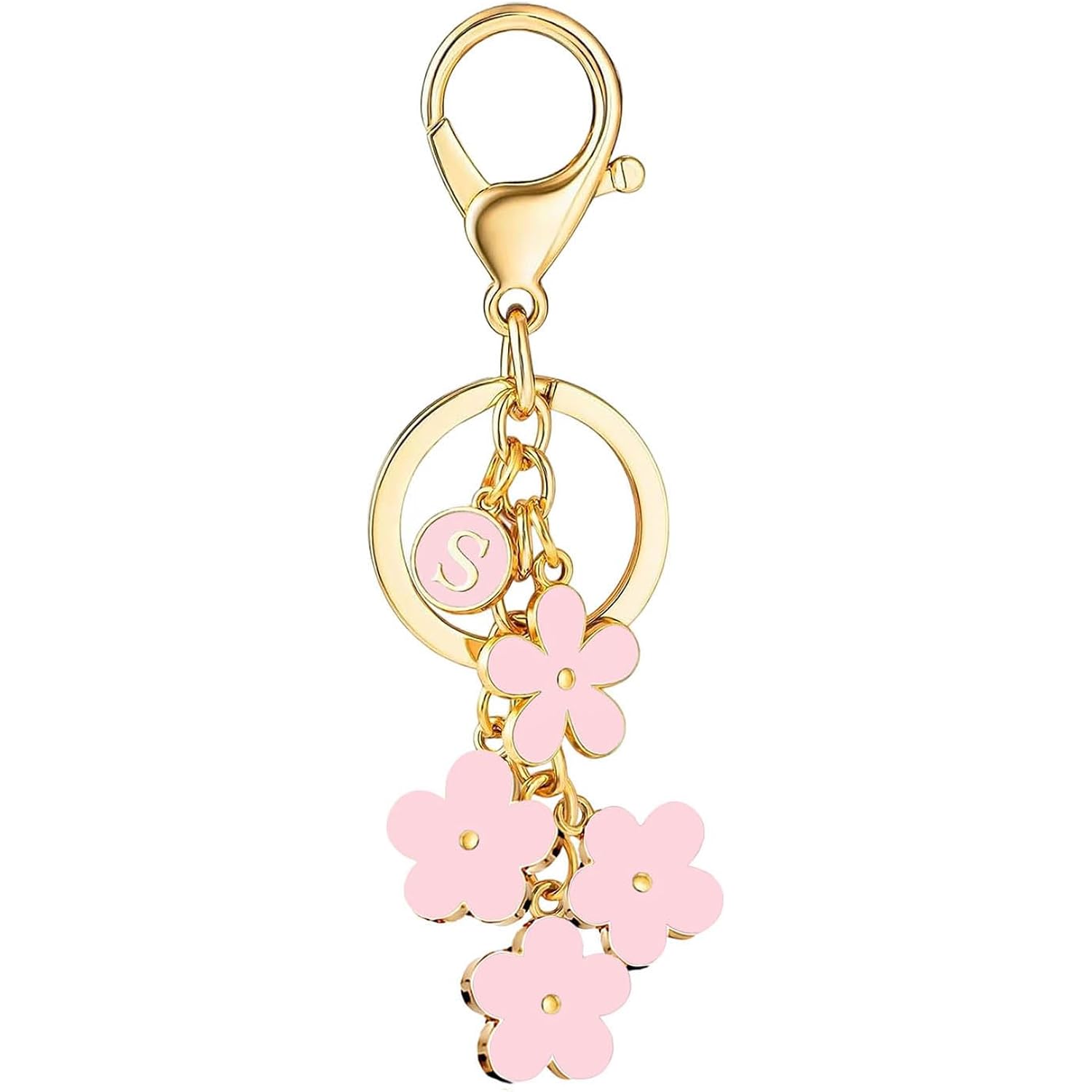 BESPMOSP Pink Flower Charms Keychain for Women Initial Letter A-Z Keychains for Key Handbag Purse Flower Bag Charm