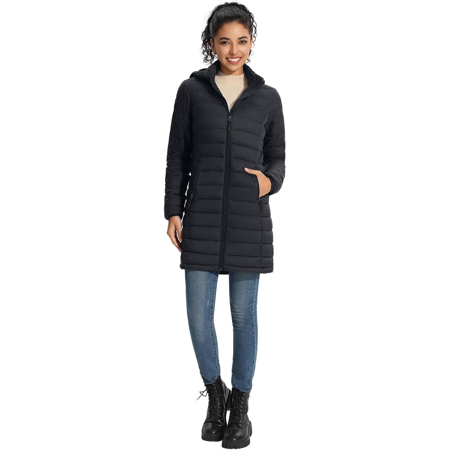 Zmc Packable Women Puffer Coat, Lightweight Water-Resistant Puffer Jacket Detachable Hood Slim-Fit Winter Coat For Women