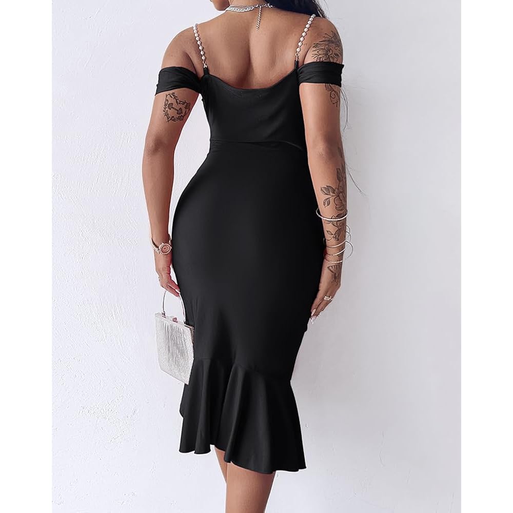 Chicme Womens Sexy Bodycon Party Dress Off The Shoulder Pearls Strap Midi Dress Ruffle Hem Cocktail Dresses