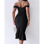 Chicme Womens Sexy Bodycon Party Dress Off The Shoulder Pearls Strap Midi Dress Ruffle Hem Cocktail Dresses
