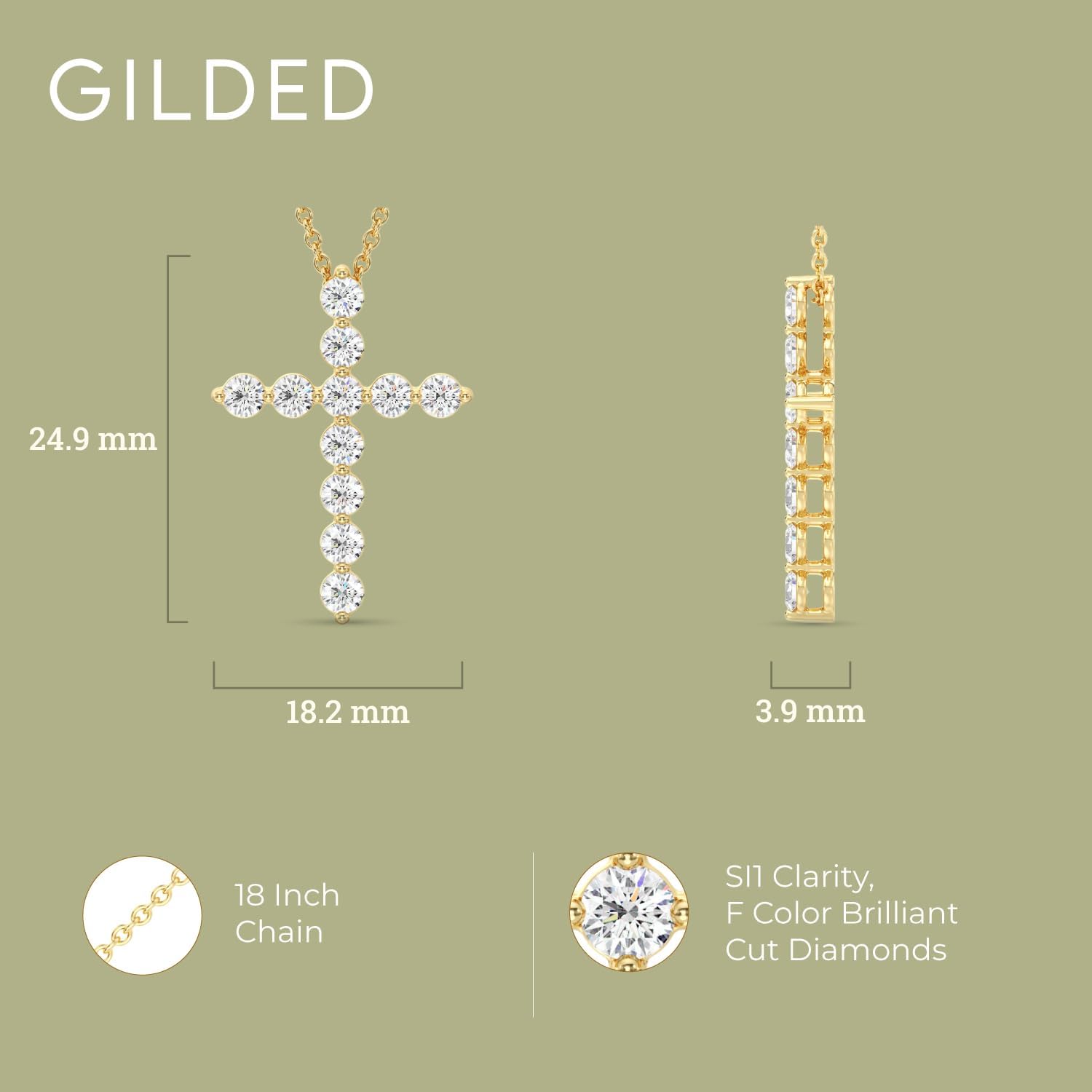 GILDED 1 ct. T.W. Lab Grown Diamond (SI1 Clarity, F Color) and Sterling Silver & 14KT Gold Plated Silver Cross Pendant with an 18 Inch Spring Ring Clasp Cable Chain