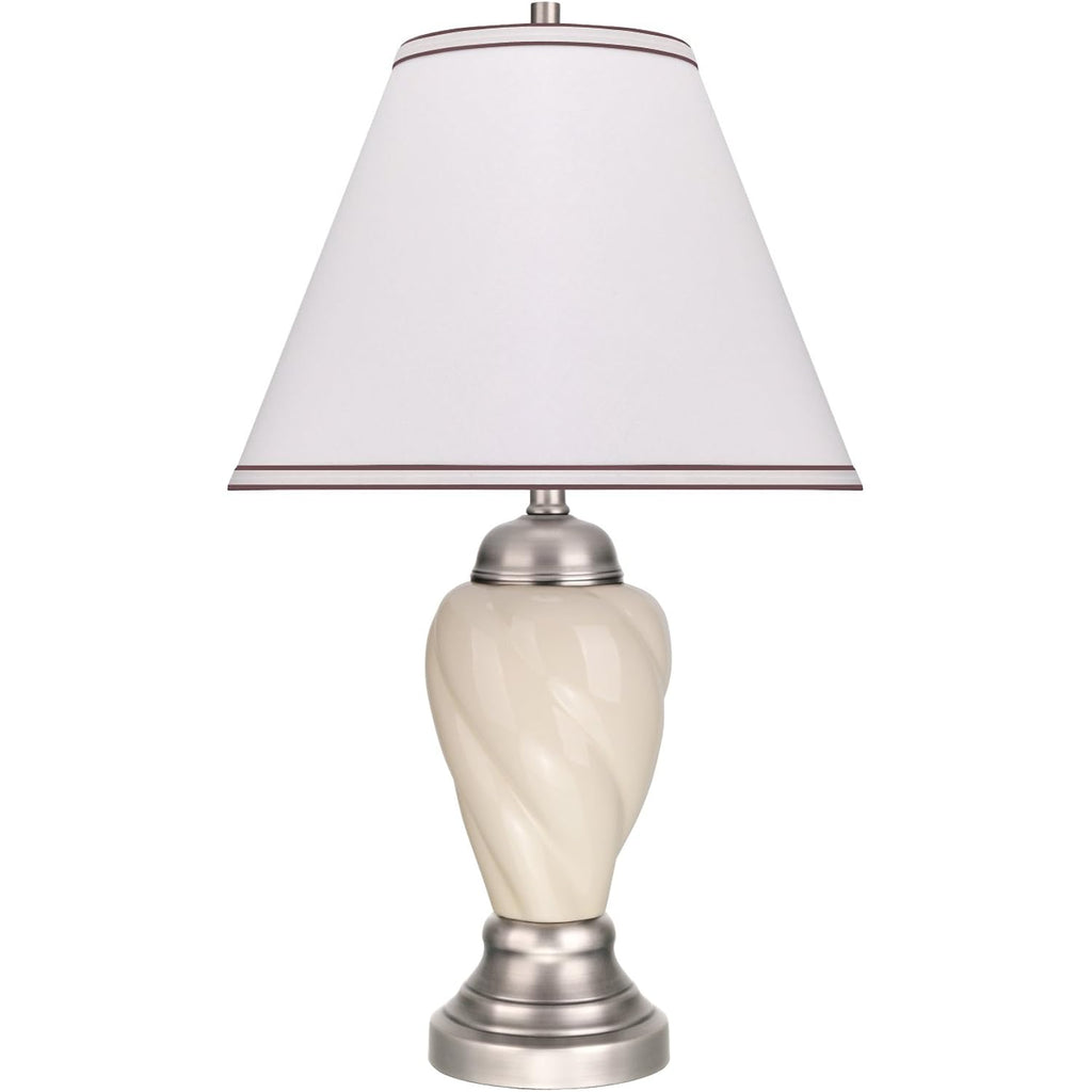 Aspen Creative 40093-1 26" High Traditional Ceramic Table Ivory With Pewter Finish Base And Hardback Empire Shaped Lamp Shade In Off White, 15" Wide