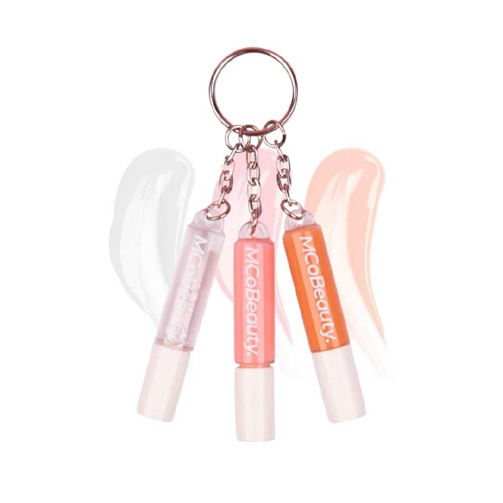 Mcobeauty Lip Gloss Trio - Keychain Lip Gloss Set Of 3 Mini Glosses | 3 High Shine Shades Clip Onto Your Keys, Hydrating Non Sticky Formula, Smooth Doe Foot Glide For Easy Touch Ups