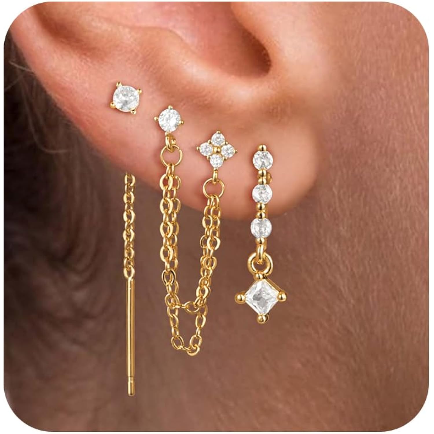 Moodear Dangle Earrings 3/4 Pairs Dainty 14K Gold Plated Earrings for Women Trendy Chain Earring Stacks Set Cubic Zirconia Drop Hoop Stud Hypoallergenic Earrings for Women Jewelry Gifts