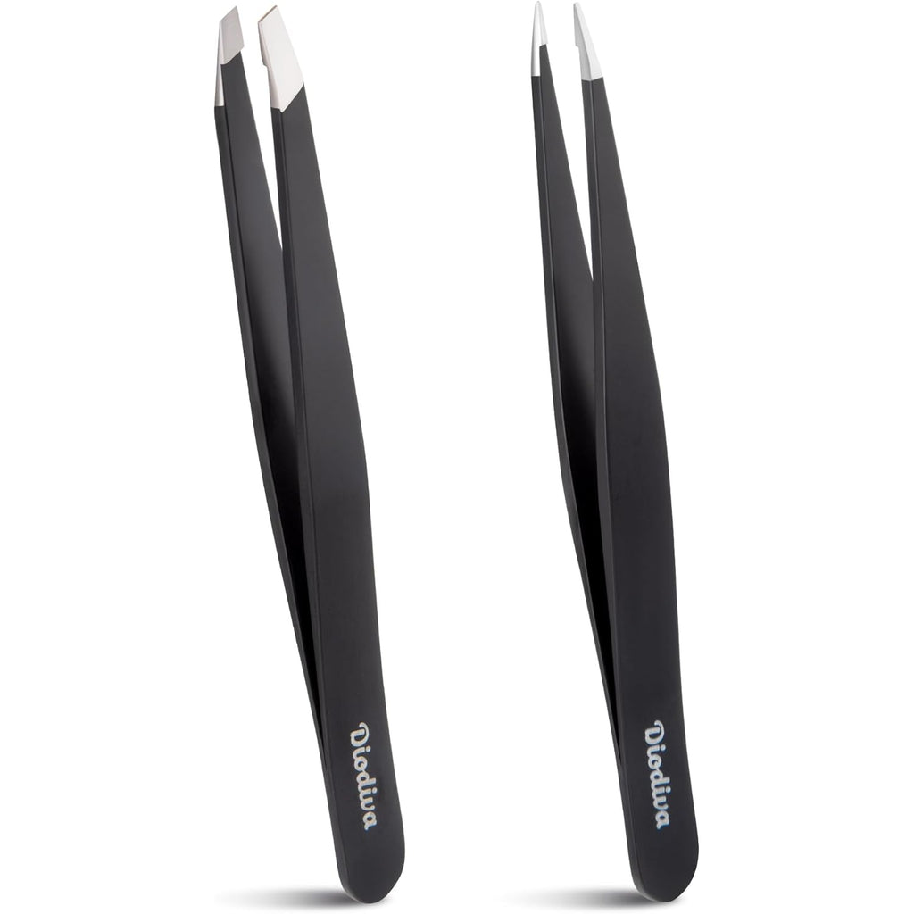2-Pack Tweezers for Eyebrows, Facial Hair, Ingrown Hair Removal, Slant and Point Tip Tweezer Set for Women and Men, Professional Stainless Steel Precision Eyebrow Plucking Grooming with Case - Black