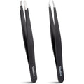 2-Pack Tweezers for Eyebrows, Facial Hair, Ingrown Hair Removal, Slant and Point Tip Tweezer Set for Women and Men, Professional Stainless Steel Precision Eyebrow Plucking Grooming with Case - Black