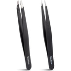 2-Pack Tweezers for Eyebrows, Facial Hair, Ingrown Hair Removal, Slant and Point Tip Tweezer Set for Women and Men, Professional Stainless Steel Precision Eyebrow Plucking Grooming with Case - Black