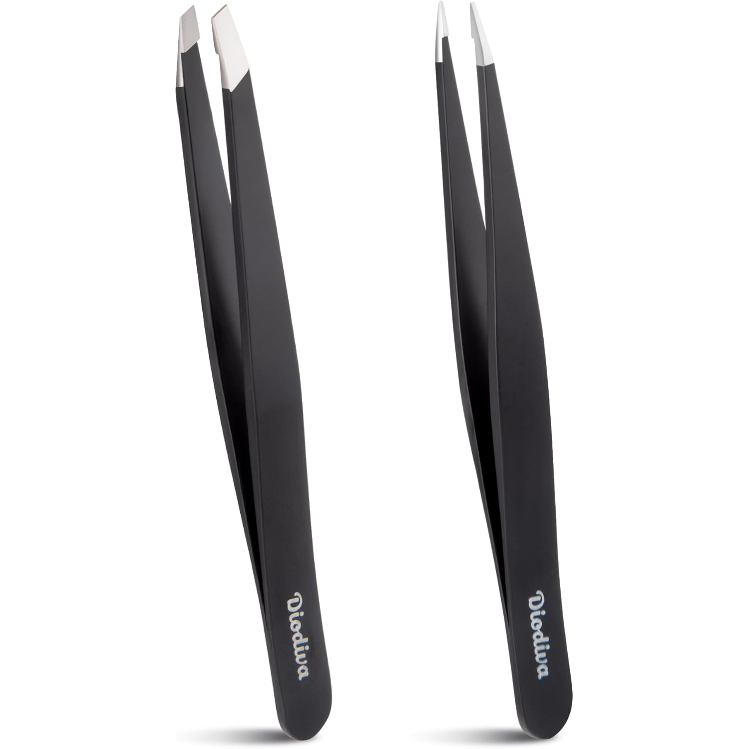 2-Pack Tweezers for Eyebrows, Facial Hair, Ingrown Hair Removal, Slant and Point Tip Tweezer Set for Women and Men, Professional Stainless Steel Precision Eyebrow Plucking Grooming with Case - Black
