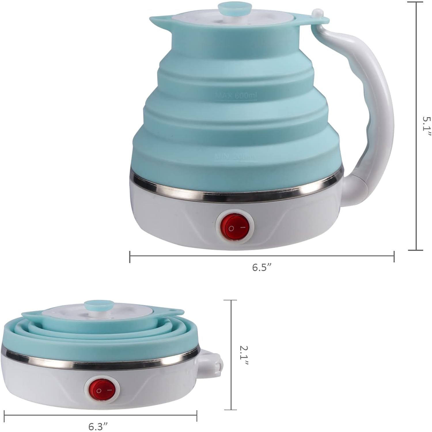 Travel Foldable Electric Kettle, Collapsible Electric Kettle Food Grade Silicone Small Pot Boiling Water,Dual Voltage（600Ml,110-220V Us Plug） (Blue)