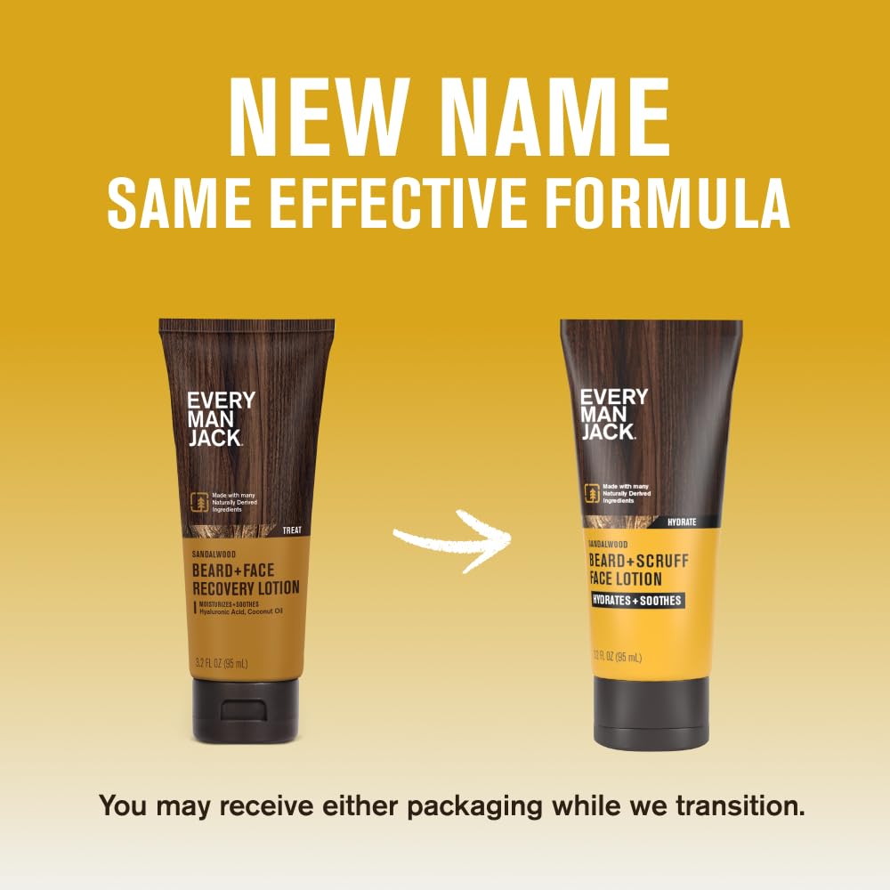 Every Man Jack Beard + Face Recovery Lotion-Moisturizes Relieves Dry Skin and Beard Itch - Light Sandalwood Scent-Made w/Naturally Derived Ingredients like Coconut Oil, and Witch Hazel-3.2oz(2 pack)