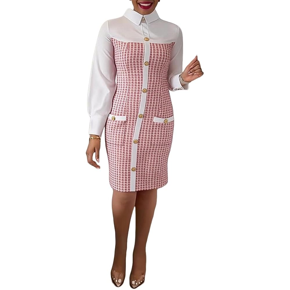 Women's Work Bodycon Dresses Button Decor Tweed Patch Pencil Midi Dress Elegant Office Outfits with Pockets