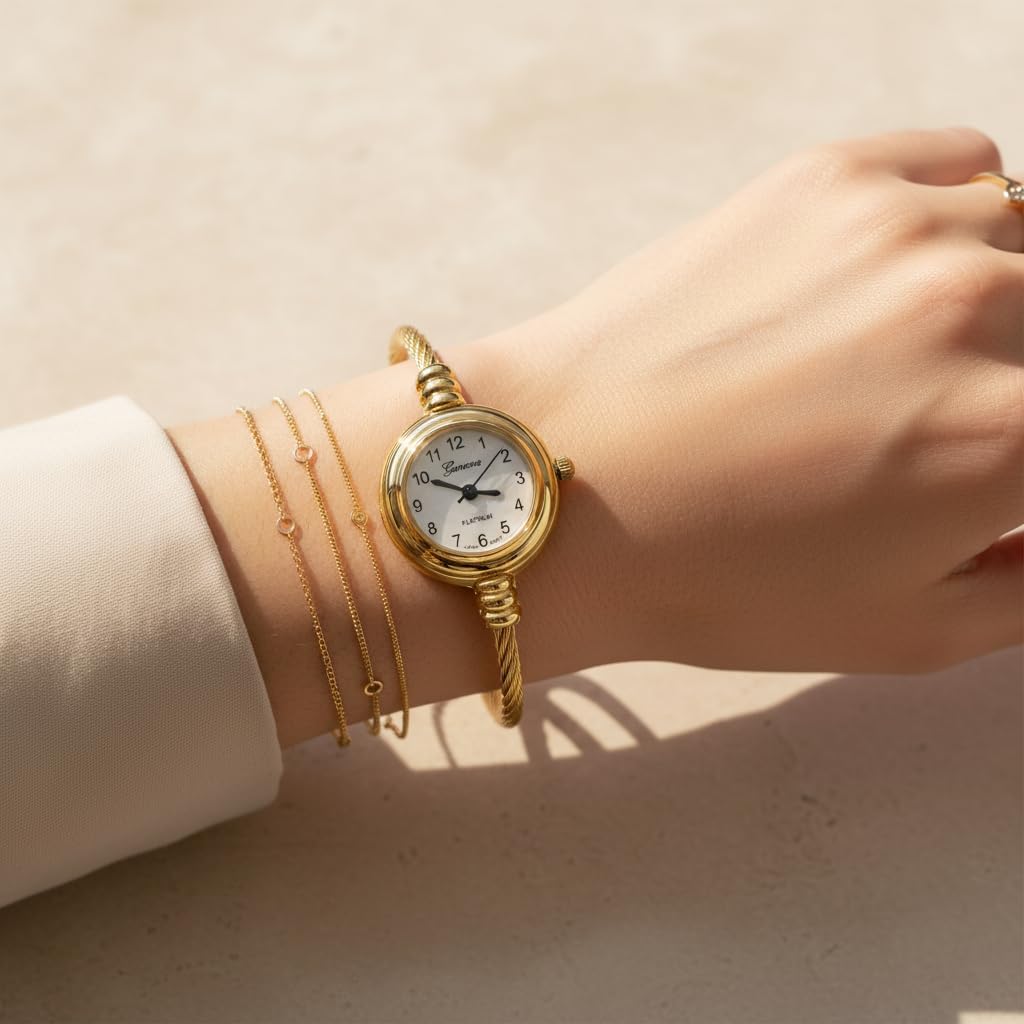 Collections Women's Cuff Watch - Round Analog Display Arabic Numbers 23mm Case Wire Bracelet Watch for Women Elegant Cable Cuff Bangle Wrist Watch
