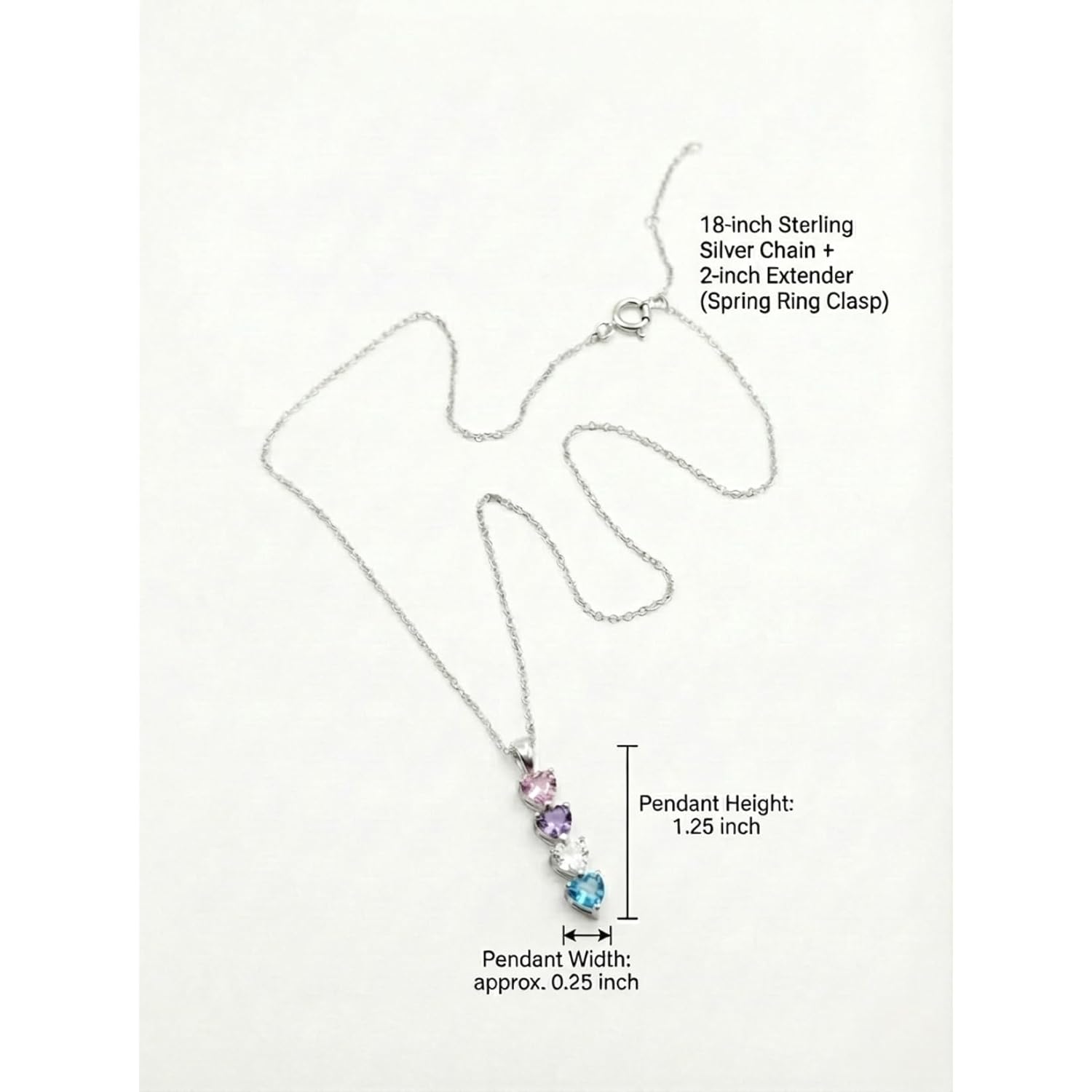 PaulaMax Jewelry Custom Birthstone Necklace for Women in 925 Sterling Silver, Mother's Day Necklace with 1 2 3 4 Heart Birthstones, Personalized and Customized Sterling Silver Chain 18" + 2"