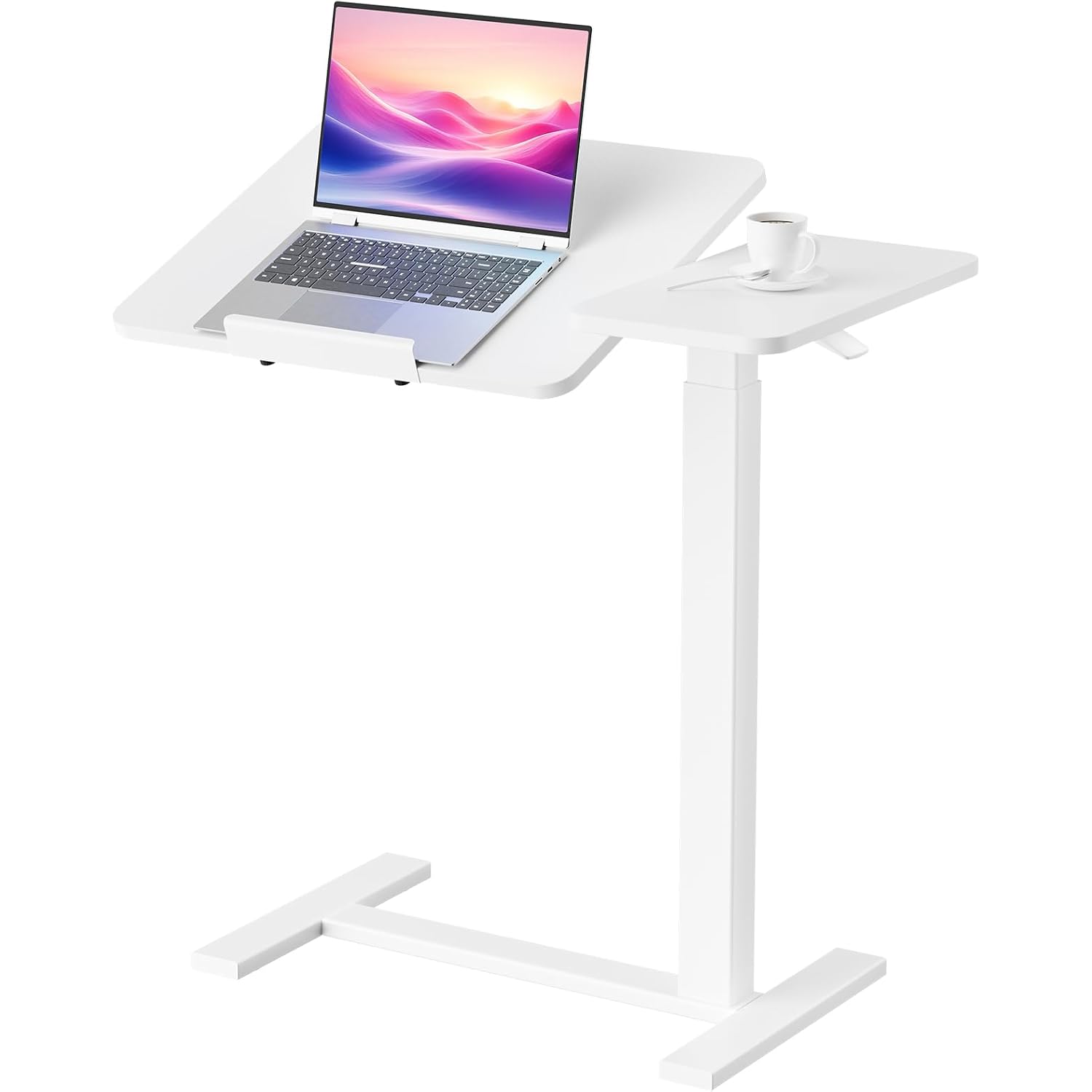 Dumos Adjustable Bedside Overbed Table With Wheels, White | Laptop Standing Desk With Tilting Top Height, Mobile Rolling Computer Cart For Hospital Home Bedroom Use
