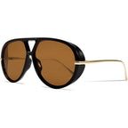 GUVIVI Retro Gold Aviator Sunglasses for Women Men, 2026 Metal Oversized 70s Aviators Black Vacation Beach Sun Glasses Black Frame - Brown Lens