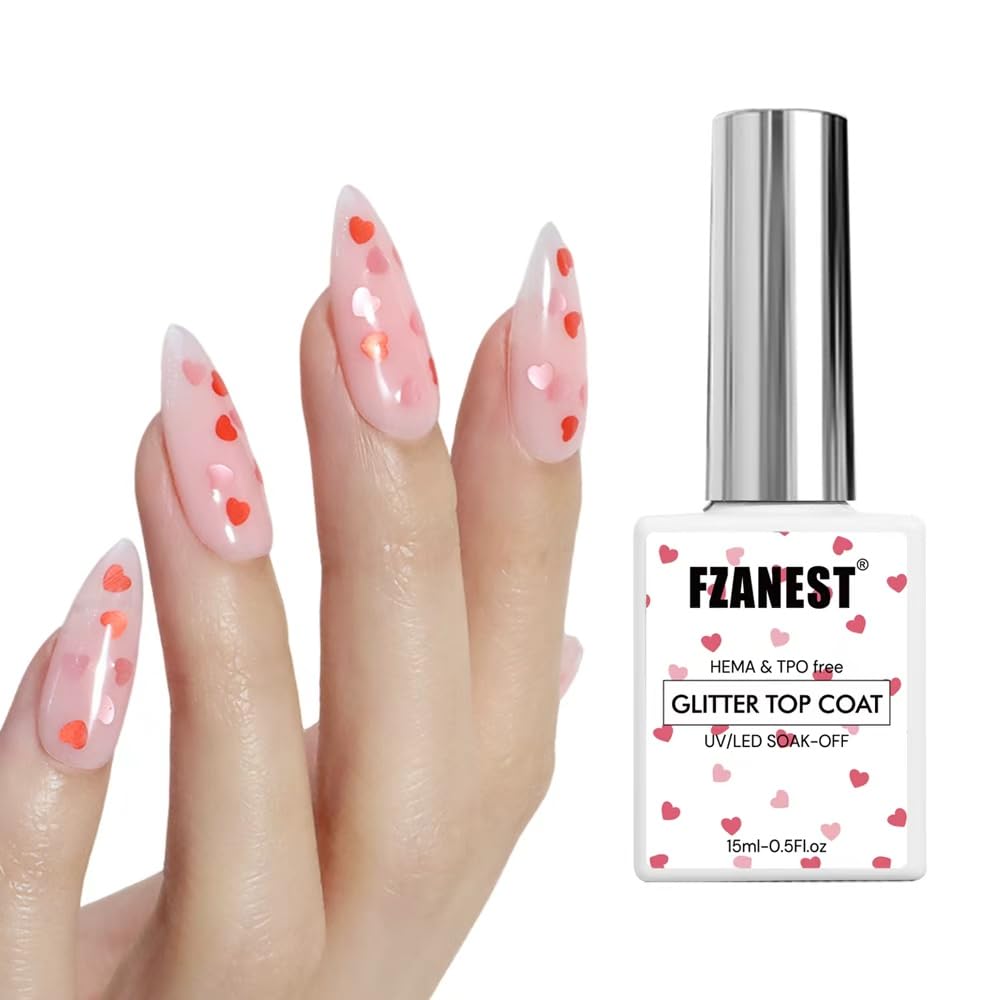 FZANEST Glitter Gel Top Coat, Hema-free Tpo-free Valentine's Day Limited Red & Pink Heart Clear Gel Polish No Wipe Uv Top Coat Nail Decoration Nail Art Sparkle Manicure DIY Home Salon