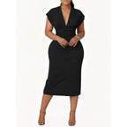 Women'S Bodycon Midi Dress Deep V-Neck Cap Sleeve Ruched High Waist Stretchy Dresses For Date Nights, Parties & Work