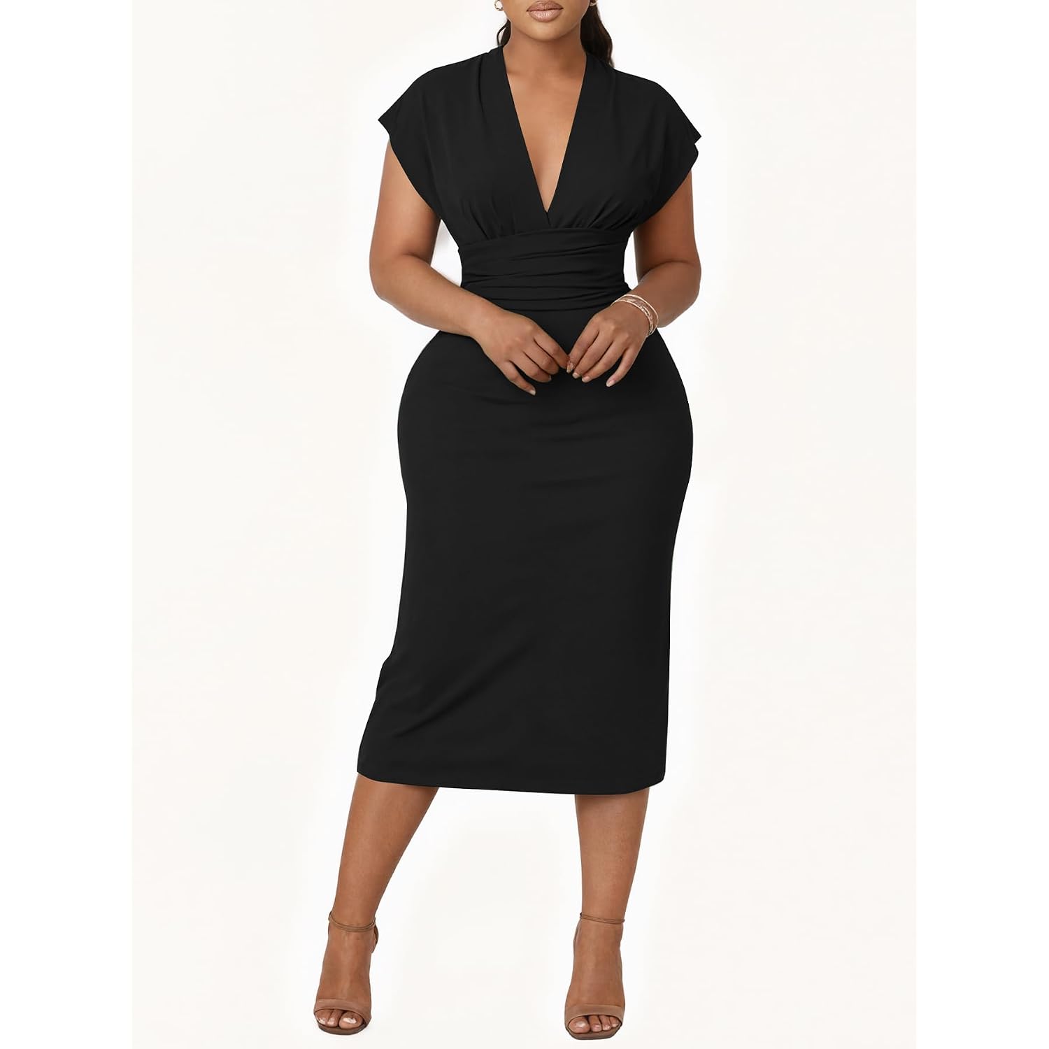 Women'S Bodycon Midi Dress Deep V-Neck Cap Sleeve Ruched High Waist Stretchy Dresses For Date Nights, Parties & Work