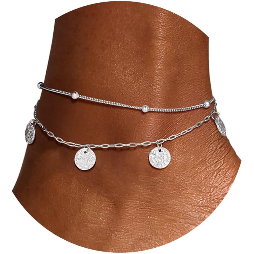 U7 Silver/Gold Ankle Bracelets for Women Layered Chain Anklets Stainless Steel Waterproof Summer Beach Anklet Charm, Adjustable 8.5"-10.5"