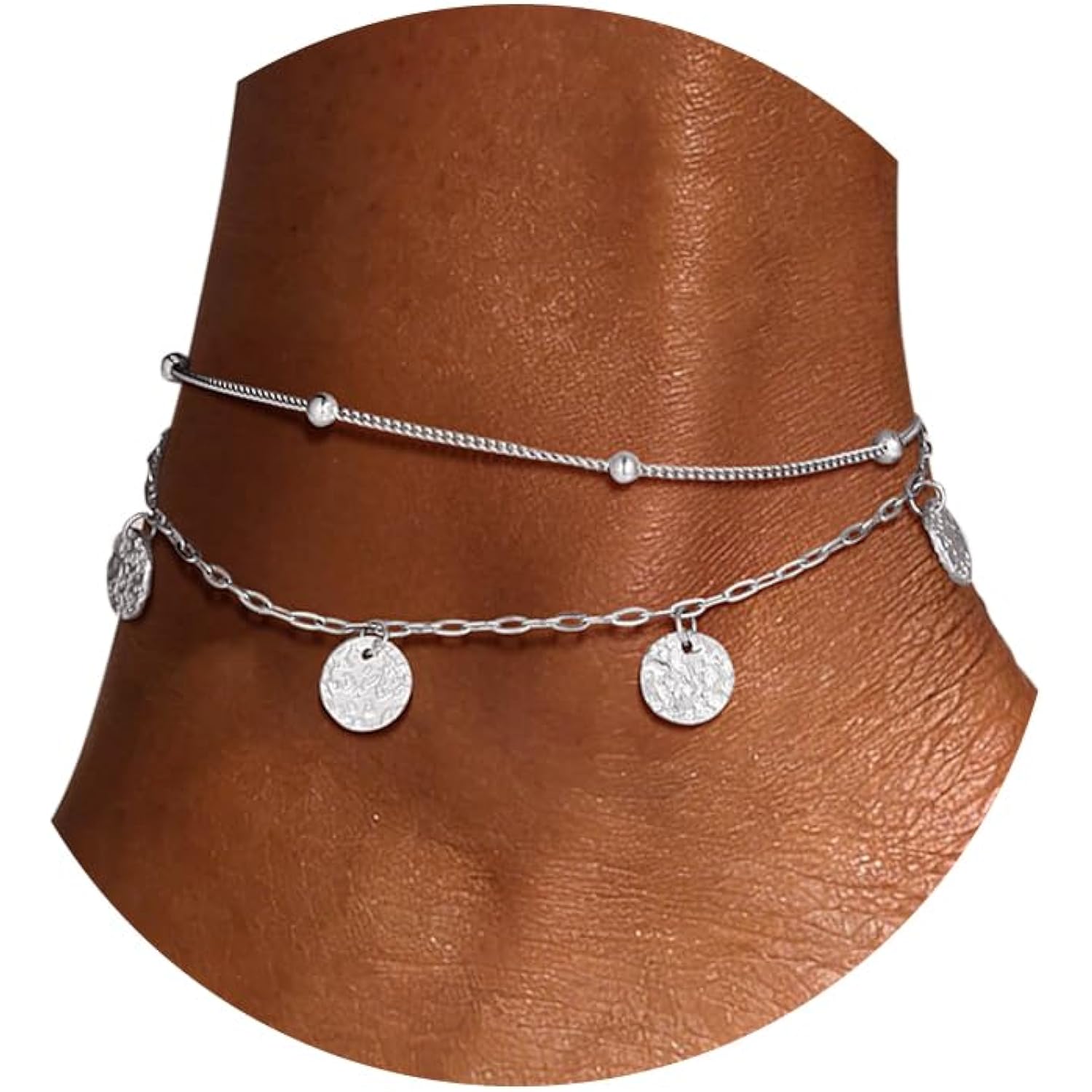 U7 Silver/Gold Ankle Bracelets for Women Layered Chain Anklets Stainless Steel Waterproof Summer Beach Anklet Charm, Adjustable 8.5"-10.5"