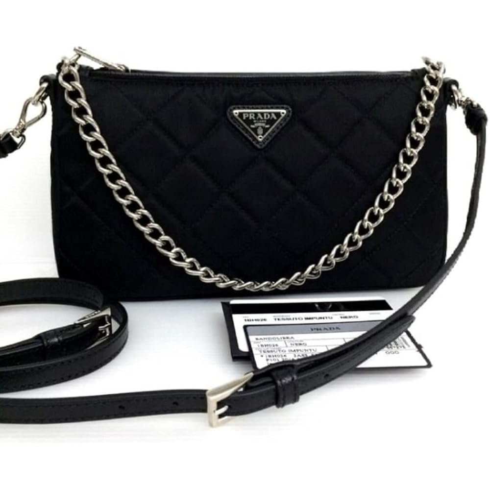 Prada Black Quilted Tessuto Nylon Chain Crossbody Bag Silver Hardware Adjustable Strap Zipper Closure Designer Shoulder Purse New