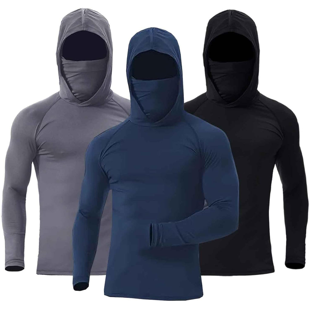 3 Pack Men'S Upf 50+ Sun Protection Hoodies, Long Sleeve Moisture Wicking Shirts With Face Mask For Fishing