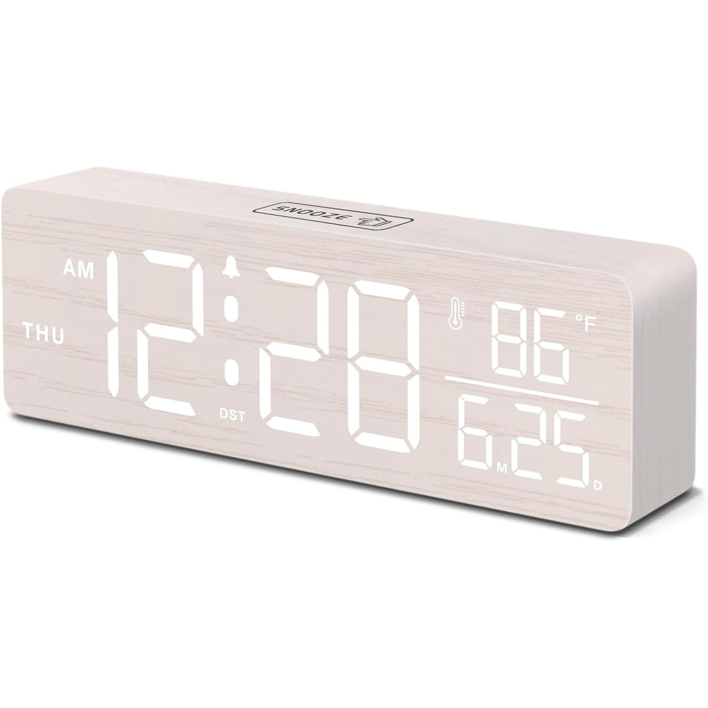 Dreamsky Wooden Digital Alarm Clock With Date & Day Of Week For Bedroom | Large Display Desk Clock For Living Room, Temperature, Dimmer, Adjustable Volume, Auto Dst, Office Wood Décor (Plug-In)