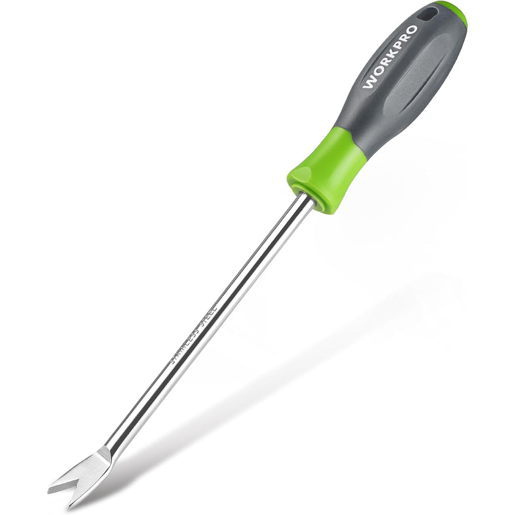 Workpro 11.5" Dandelion Weeder Puller Tool With Soft Handle | Polished Stainless Steel Garden Weed Remover Tool, Two-Pronged Fork Weeder Tool For Lawn Farmland Transplant Gardening