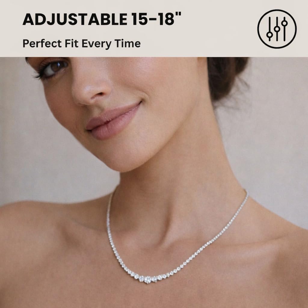 KISPER Graduated Tennis Necklace for Women – 14K Gold Plated 5A CZ Simulated Diamond Necklace – 3-Prong Setting, 3-5mm Stones, Adjustable 15-18"
