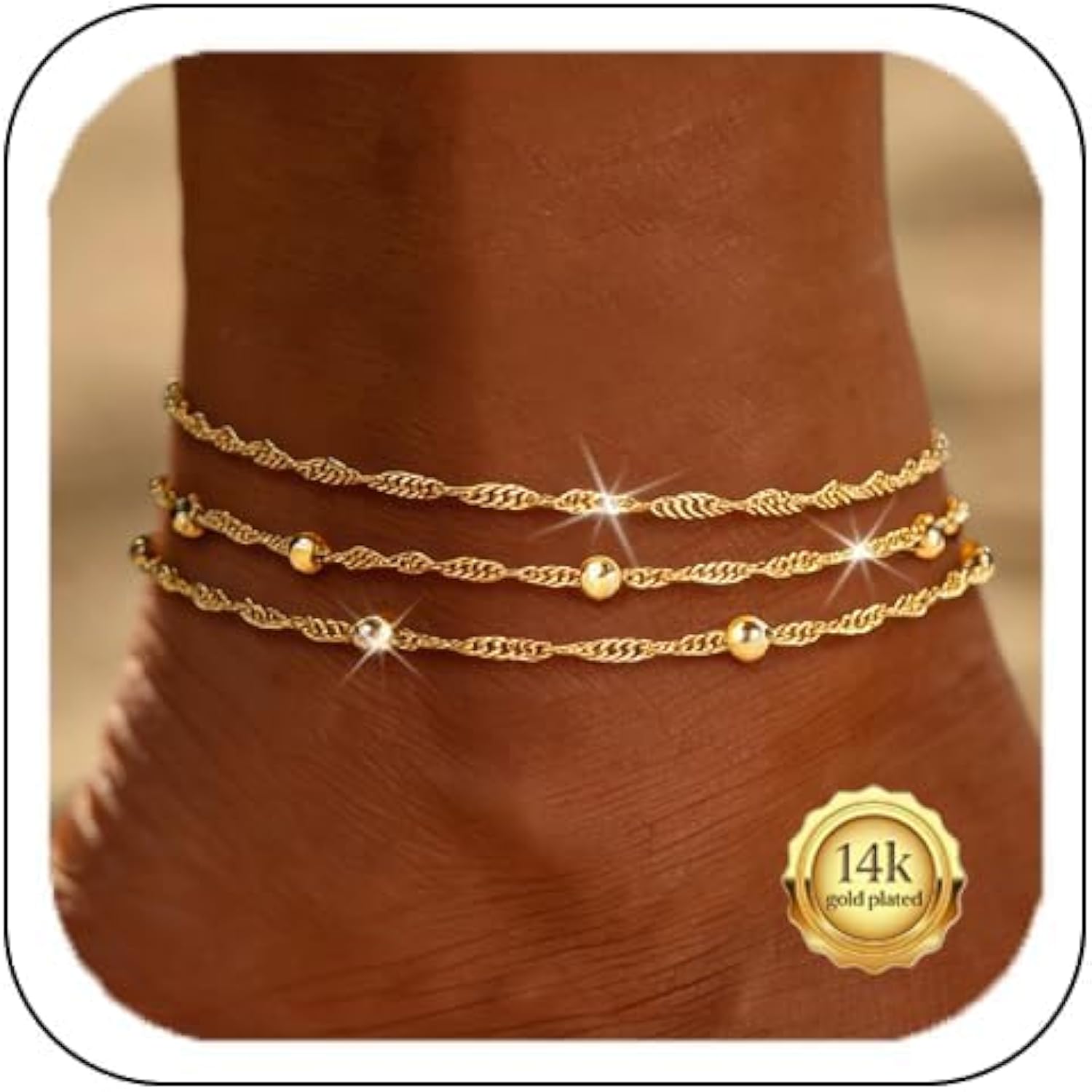 2 Pairs 14K Gold Plated Ankle Bracelets for Women, Anklets for Women Waterproof Hypoallergenic Twisted Non Tarnish, Plus Size Layered Stackable Chain Ankle Bracelets Beach Jewelry Gifts