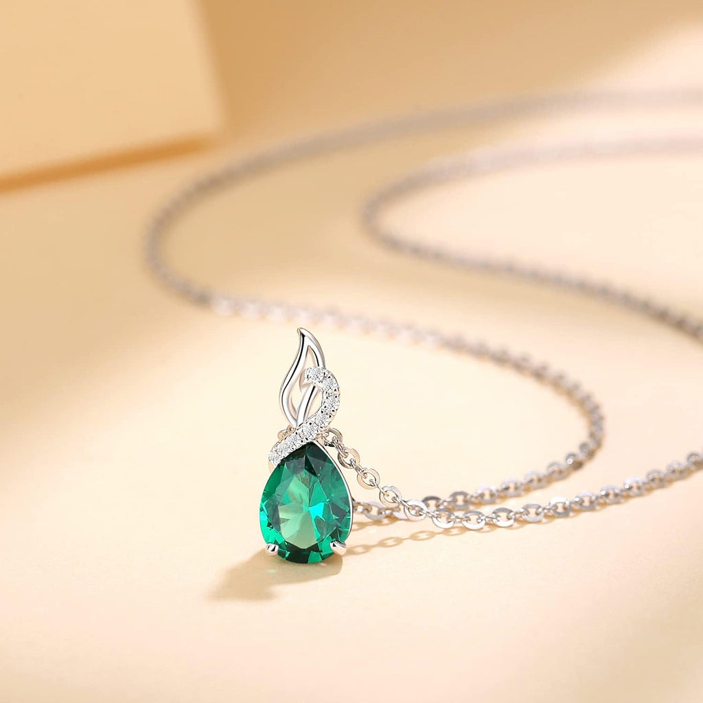 FANCIME 14K Solid White Gold Teardrop Pendant with Diamond Birthstone Necklace